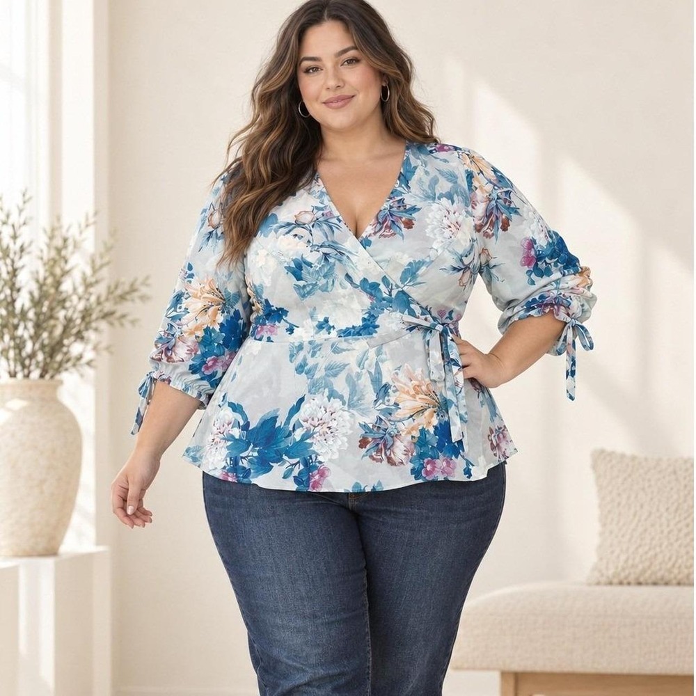City Chic Floral Wrap Blouse Size XXL 22 Kimono Sleeve Tie Waist Plus Size